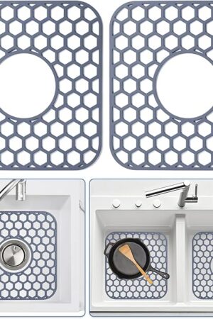 2 Pack Silicone Sink Protectors for Kitchen Sink - 12" x 11" Kitchen Sink with Center Drain Accessory, Non-Slip Heat-Resistant Mat for Bottom of Porcelain Stainless Steel, Dishwasher Safe
