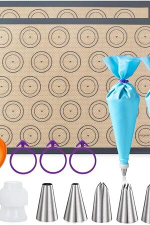 Angadona Macaron Silicone Baking Mats Kit (16pcs set) Macaroon Baking Mat Set of 2 Half Sheet Macaron Silicone Mat Nonstick Macaron Mat Sheet,6 Piping Tip,2 Piping Bag with 3 Bag Tie,2 coupler