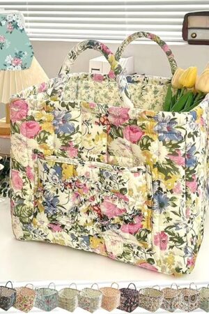 Boho Quilted Fabric Storage Tote, Boho Fabric Storage Basket Foldable, Large Capacity Bohemian Style Floral Laundry Baskets, Durable & Soft, Puffer Tote Bag for Home,Picnic,Shopping,Travel (B-2#)