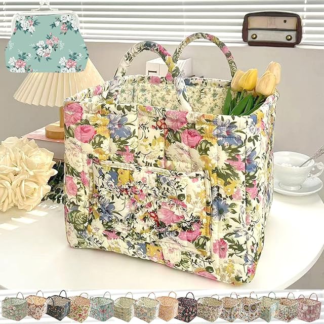 Boho Quilted Fabric Storage Tote, Boho Fabric Storage Basket Foldable, Large Capacity Bohemian Style Floral Laundry Baskets, Durable & Soft, Puffer Tote Bag for Home,Picnic,Shopping,Travel (B-2#)