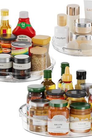 3 Pack Lazy Susan Organizer, Clear Lazy Susan Turntable Organizer for Cabinet, Kitchen, Refrigerator, Pantry, Bathroom, Rotating Spice Organization, 3 Size 9.25'' 10.6'' 12'', Acrylic