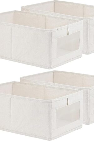4 Pack Linen Storage Bins, Storage Containers for Organizing Clothing, Jeans, Toys, Books, Shelves, Closet, Wardrobe - Closet Organizers and Storage, Large Storage Boxes Baskets with Window