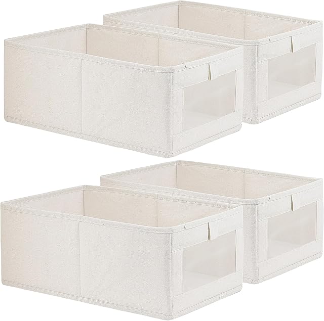 4 Pack Linen Storage Bins, Storage Containers for Organizing Clothing, Jeans, Toys, Books, Shelves, Closet, Wardrobe - Closet Organizers and Storage, Large Storage Boxes Baskets with Window