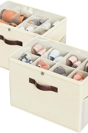 Budding Joy 2 Pack Shoe Organizer for Closet, Clear Foldable Shoe Storage Containers Adjustable Dividers Fits 16 Pairs,Shoe Storage Bins Baskets Boxes with Reinforced Handles Beige Yellow