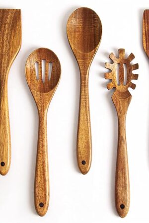 Acacia Wooden Spoons for Cooking: 5-Piece Kitchen & Cooking Utensils Set - Wooden Spatula, Slotted & Pasta Spoon - Essential Wooden Utensil Set