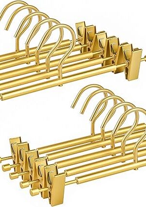 Amber Home 10 Pack Premium Matte Gold Aluminum Pants Hangers, 12.2? Extra Smooth & Durable Metal Skirt Slack Hanger, Light & Sturdy Metal Rack for Trouser with 2-Adjustable Non Slip Clips Swivel Hook