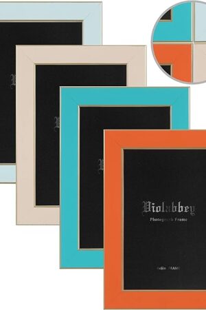 VIOLABBEY 4x6 Picture Frames Set of 4, Colorful Photo Frame of Modern Style, High Definition Tempered Real Glass, Wall Mounted or Tabletop Display (Blue+Light Blue+Orange+Apricot)