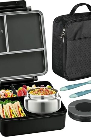 Bento Lunch Box for Kids with 8oz Soup Thermo&Lunch Bag, Leak-Proof Lunch Food Containers with 4 Compartment, Hot Food Insulated Food Jar for Kids School (Black)