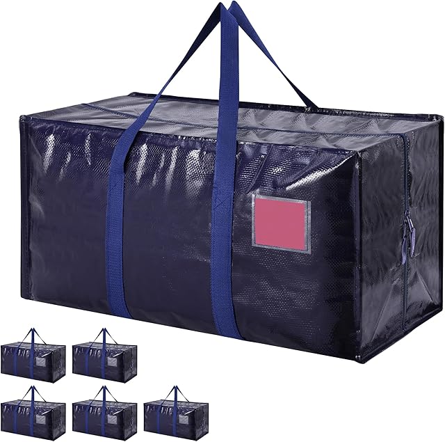 6 Pack Extra Large Heavy Duty Moving Bags with Reinforced Zipper & Wide Handles, Waterproof Storage Bins Packing Cubes for Clothes, College Dorm, Travel, and Home Organization, DarkBlue
