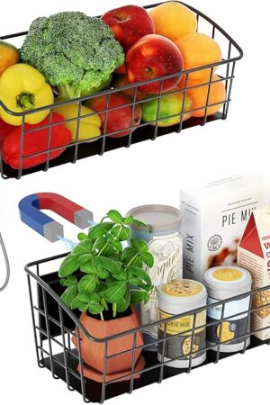 2Pcs Magnetic Shelf for Refrigerator, Versatile Magnetic Basket Fridge with 2 Hooks for Kitchen Storage, Fruit Potato Onion Storage Shelves, Large Magnetic Spice Rack Organizer for Fridge Oven Laundry