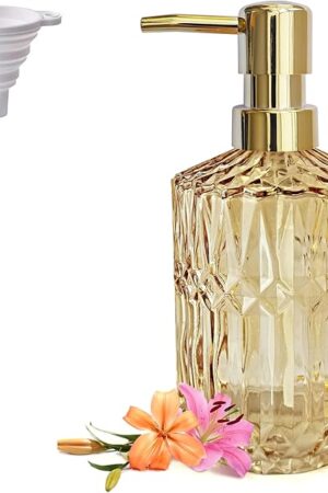 Clear Glass Soap Dispenser with Gold Rust Proof Pump, Refillable Thick Glass Kitchen Soap Dispenser, Lotion Dispenser Bathroom for Hands Soap, Dish Soap, Body Wash (Yellow Gold
