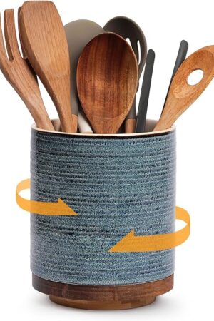 DOWAN 360° Rotating Extra Large Cooking Utensil Holder, 7.6" Kitchen Utensil Holder for Countertop, Utensil Crock for Farmhouse Kitchen Decor, Ceramic Stable Utensil Caddy, Blue