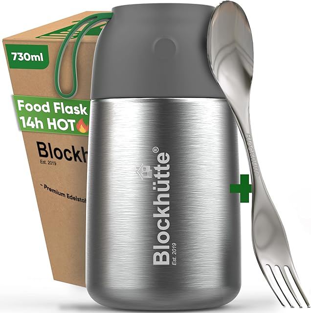 Blockhütte Insulated Food Jar for Adults I 24 oz I with Spork I 14 H hot Food, Stainless Steel Thermos for hot Food, Insulated Lunch Containers, Kids Lunch Boxes Tumbler for food, work, school