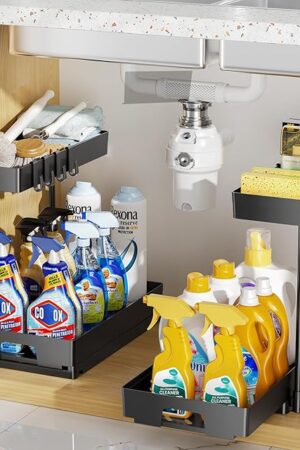 Delamu 2 Tier L-Shape Under Sink Organizers Black Under Bathroom Kitchen Sink Organizer