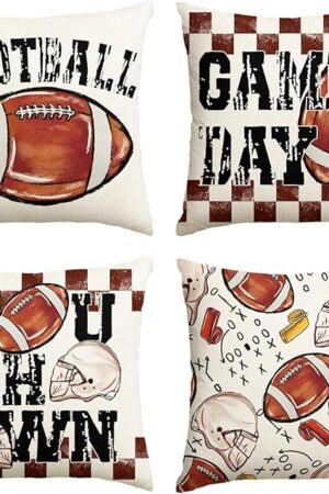 AVOIN colorlife Football Game Day Throw Pillow Covers, 18 x 18 Inch American Football Game Touch Down Sports White Cushion Case for Sofa Couch Set of 4