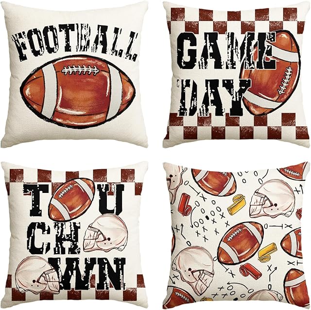 AVOIN colorlife Football Game Day Throw Pillow Covers, 18 x 18 Inch American Football Game Touch Down Sports White Cushion Case for Sofa Couch Set of 4