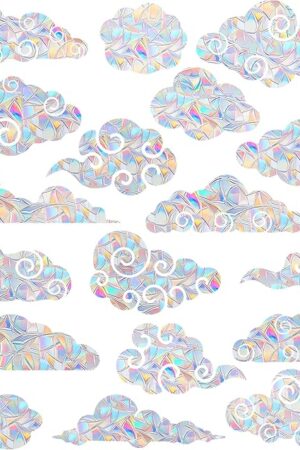 AREAWA Rainbow Cloud Window Clings - 18 Pc Non-Adhesive Vinyl Decals, Bird Strike Deterrent, Rainbow Stickers for Glass Doors, Reusable, Indoor Use