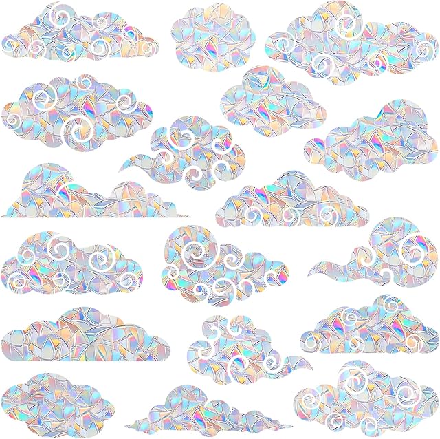 AREAWA Rainbow Cloud Window Clings - 18 Pc Non-Adhesive Vinyl Decals, Bird Strike Deterrent, Rainbow Stickers for Glass Doors, Reusable, Indoor Use