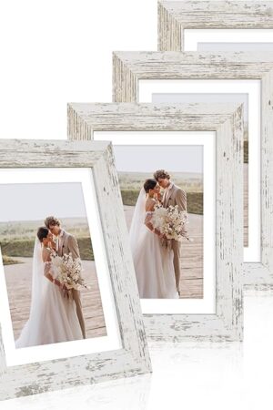 5x7 Picture Frame Set of 4, Made of Real Glass and Distressed White Wooden Frame, 5 by 7 Photo for Wall or Tabletop - Display Picture 4x6 with Mat or 5x7 Without Mat