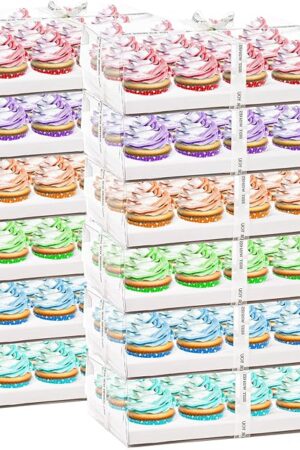 Cedilis 12 Pack Clear Cupcake Boxes, 12 Count Cupcake Containers with Gift Ribbon, Plastic Cupcake Carrier Holder for Cookies, Muffins, Bakeries