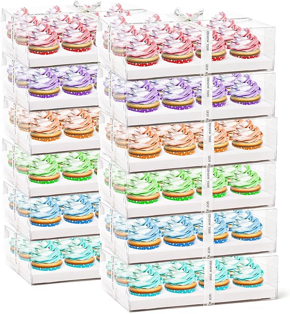 Cedilis 12 Pack Clear Cupcake Boxes, 12 Count Cupcake Containers with Gift Ribbon, Plastic Cupcake Carrier Holder for Cookies, Muffins, Bakeries