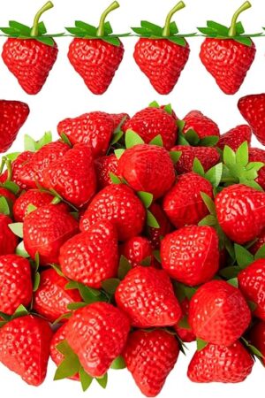 CLESDF Fake Red Strawberries, 40Pcs Artificial Lifelike Fruit Plastic Strawberries for Home Kitchen Party Decor Photography Prop