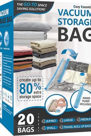 20 Pack Vacuum Storage Bags, Space Saver Bags (4 Jumbo/4 Large/4 Medium/4 Small/4 Roll) Compression for Comforters and Blankets, Sealer Clothes Storage, Hand Pump Included