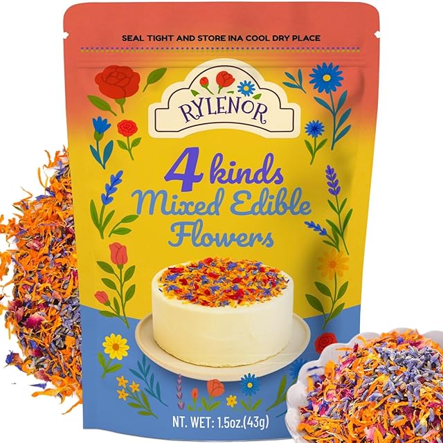 4 Kinds Natural Dried Edilble Flowers Petal Blend (1.5 Ounce), Edible Flowers for Cocktail, Cake Decoration, Soap Making, Ice cream. Include Rose Petals, Cornflower, Lavender Buds, and Calendula