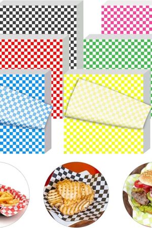 120Pcs Wax Paper Sheets for Food, 12x12 In Variety Pack Checkered Food Basket Liners, Grease Resistant Sandiwch Wrapping Paper, Festive Design Deli Sheets For Party, Fair and Outdoors Kovpnor