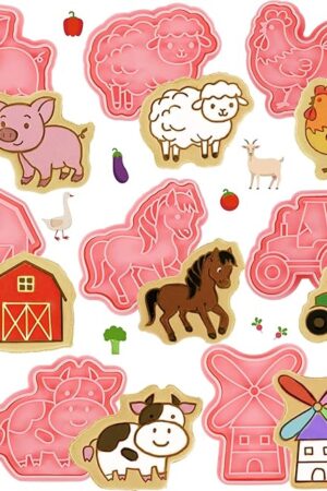 Cunhill 8 Pcs Farm Animal Cookie Cutters with Plunger Stamps Set 3D Pig Chicken Sheep Cow Horse Truck Stamp and Cutter Funny Cartoon Farm Theme Biscuit Baking Mold for Treats DIY Cookie Cake Supplies