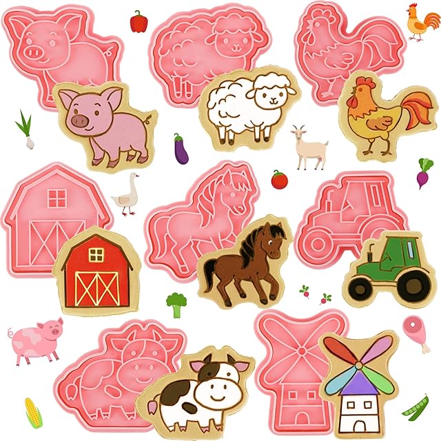 Cunhill 8 Pcs Farm Animal Cookie Cutters with Plunger Stamps Set 3D Pig Chicken Sheep Cow Horse Truck Stamp and Cutter Funny Cartoon Farm Theme Biscuit Baking Mold for Treats DIY Cookie Cake Supplies