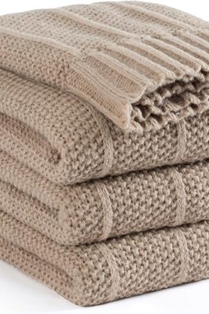 Carriediosa Knit Throw Blanket 50" X 60" Stripe Pattern Cable Knitted Taupe