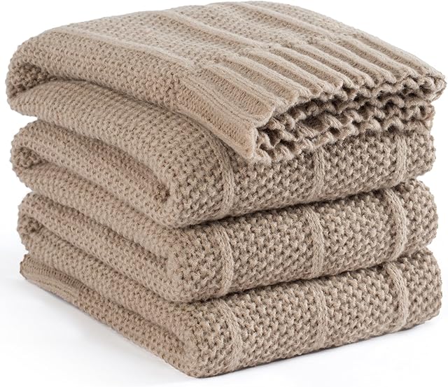 Carriediosa Knit Throw Blanket 50" X 60" Stripe Pattern Cable Knitted Taupe