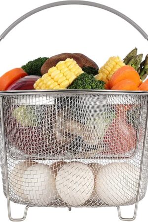 AOZITA Steamer Basket for Instant Pot Accessories 6 qt or 8 quart - 2 Tier Stackable 18/8 Stainless Steel Mesh - Silicone Handle - Vegetable Steamer Insert, Egg Basket, Pasta Strainer,Silver