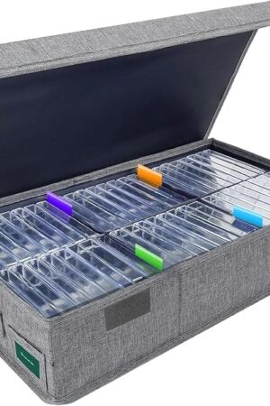 Cassette Tape Storage Box, Practical Cassette Tape Holder 16.34 x 9.25 x 3.54 Inch, Cassette Rack with Lids and Index Labels to store to 48 Cassette Tape Cases - Gray