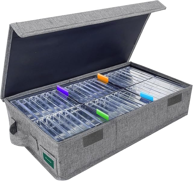 Cassette Tape Storage Box, Practical Cassette Tape Holder 16.34 x 9.25 x 3.54 Inch, Cassette Rack with Lids and Index Labels to store to 48 Cassette Tape Cases - Gray