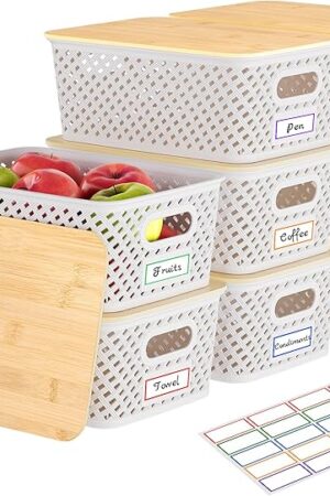 8 Packs Plastic Storage Bins with Bamboo Lids - Stackable Storage Bins Decorative Small Basket Containers for Organizing Shelves Office Classroom Desktop Closet, Cream White