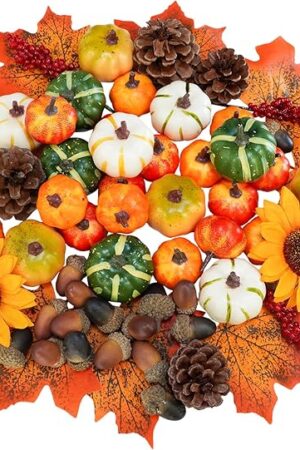 68 Pcs Assorted Mini Artificial Pumpkins with Maple Leaves Pinecones Acorns Sunflowers Berries Fall Decorating Kit for Fall Wedding Thanksgiving Halloween Table Centerpiece Wreaths Vase Bowl Fillers