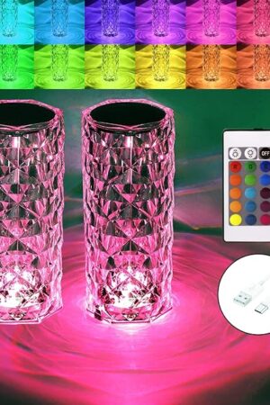 Crystal Table Lamp RGB Color Changing Night Lights (2 Pack) Crystal Rose Diamond Touch Lamp for Bedroom Living Room Decor (Remote & Touch Control)