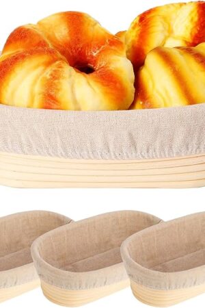 4 Pieces 10 Inch Bread Banneton Proofing Basket Oval Shape Bread Proofing Basket Rattan Oval Banneton Dough Proofing Bowls with Liners and Scatters for Home Sourdough Baking