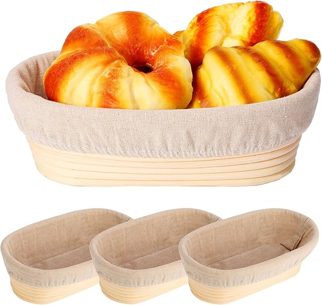 4 Pieces 10 Inch Bread Banneton Proofing Basket Oval Shape Bread Proofing Basket Rattan Oval Banneton Dough Proofing Bowls with Liners and Scatters for Home Sourdough Baking