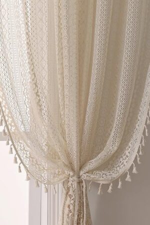 Boho Curtains for Living Room Lace Curtains 84 Inches Long 2 Panel, Rod Pocket Vintage Tassel Bohemian Decor Geometry Striped Light Filtering Crochet Semi Sheer Curtain Drapes for Bedroom,Beige