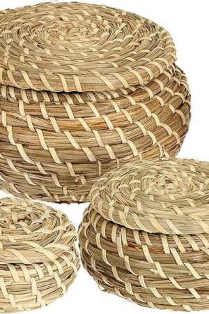 Dicunoy Set of 3 Small Wicker Basket with Lid, Round Woven Seagrass Baskets, Little Handmade Rattan Storage Basket Box for Shelf, Home, Bathroom Decor