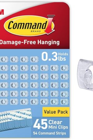 Command Indoor Mini Light Clips, Damage Free Hanging Christmas Light Clips, Mini Wall Clips for Hanging Indoor Christmas Decorations, Lights and Cables, 45 Clear Clips and 54 Command Strips