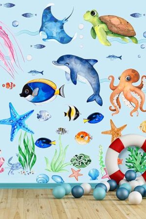 4 Sheets Ocean Fish Wall Decals Stickers Sea Wall Decal Stickers Removable Sea Life Marine Animal Sticker Underwater Ocean Creatures Decor for Kids Girls Boy Nursery Bedroom Bathroom