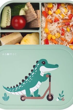 ASOMIC Silicone Bento Lunch Box for Toddlers & Kids, Leakproof & BPA-Free, 3 Compartments, Microwave & Dishwasher Safe, Ideal for Daycare, Preschool & Baby Meals (Crocodile)