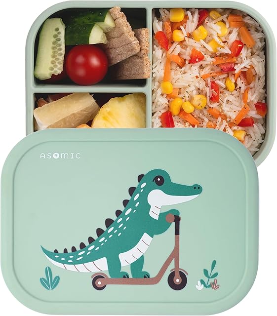 ASOMIC Silicone Bento Lunch Box for Toddlers & Kids, Leakproof & BPA-Free, 3 Compartments, Microwave & Dishwasher Safe, Ideal for Daycare, Preschool & Baby Meals (Crocodile)