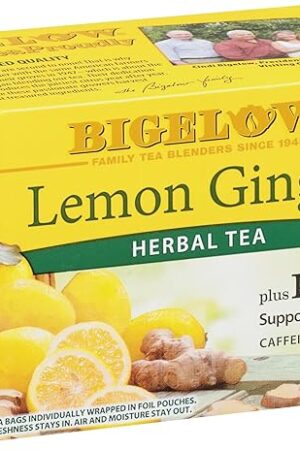 Bigelow Tea Lemon Ginger plus Probiotics Herbal Tea, Caffeine Free Tea, 18 Total Tea Bags (Pack of 1)