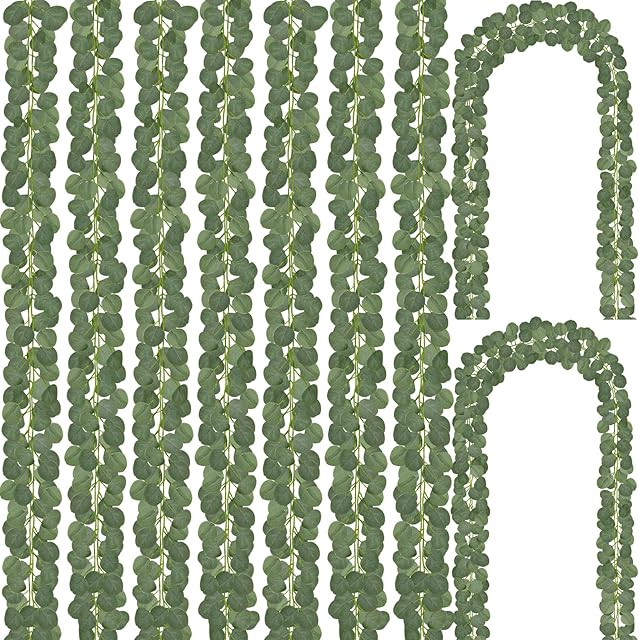 CQURE 24 Pack Eucalyptus Garland, Artificial Greenery Garland Faux Eucalyptus Leaves Table Vines for Wedding Backdrop Fireplace Arch Door Wall Room Decor(168FT)