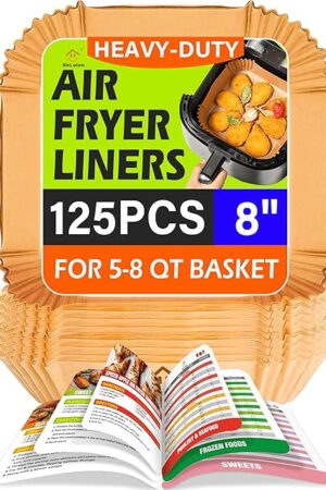 Air Fryer Liners Disposable,125Pcs 8Inch Airfryer Liners with Air Fryer Cheat Sheet Cooking Guide Booklet, Non-Stick Parchment Paper Square, Air Fryer Cookbooks Recipes